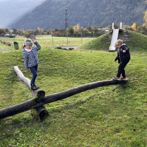 ein Mädchen und ein Junge beim Balancieren über Holzstämme