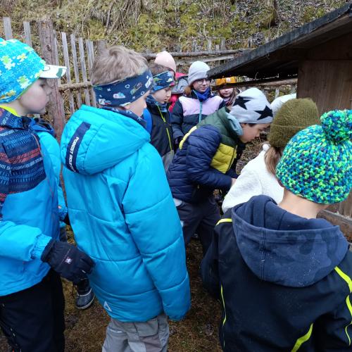 Kinder befüllen das Futterhäuschen 
